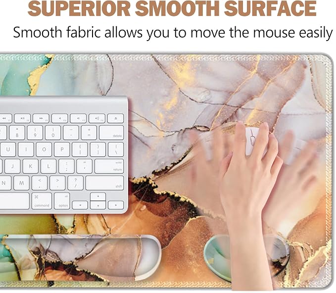 ARTSO Large Gaming Mouse Pad, Keyboard Wrist Rest Pad & Wrist Support Mousepad Set, Stitched Edge, Extended, Non-Slip Base, Memory Foam Desk Mat for Office, Home, Abstract Art Marble