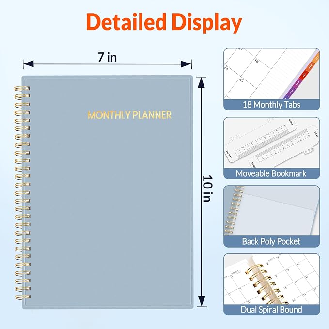 SUNEE Monthly Planner 2026-2027 - 18 Months Calendar Planner from Jul 2026 to Dec 2027, 7"x10" Yearly Planner with Tabs, Spiral Binding, Organizer for School Office Home, Gray Blue