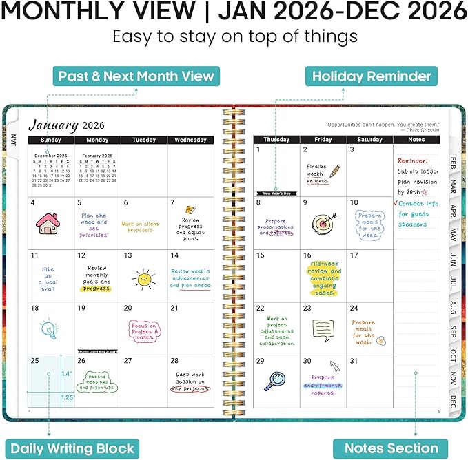 2026 Planner, Weekly and Monthly Calendar Planner Book, January 2026 - December 2026, Hardcover Spiral Planner with Monthly Tabs, Notes Pages, Perfect for Women & Men, A5 (6.4" x 8.5") - Wood