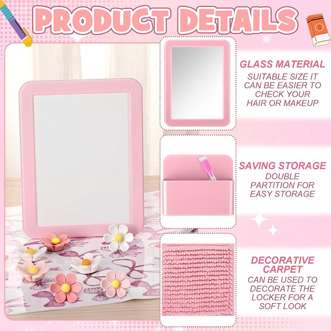 Pinkunn 17 Pcs Disco Ball Locker Accessories Include Locker Organizer Shelf Disco Ball Rug Magnetic Mirror Whiteboard Pen Holder Flower Magnets Marker for Back to School Essentials (Pink,Preppy)