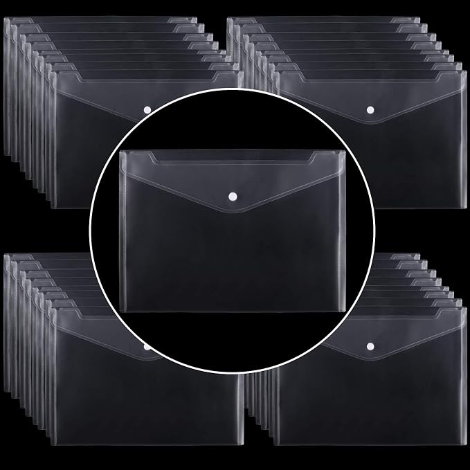 100 Pack Plastic Envelopes, 13x9 Inch Reusable Clear Polypropylene Envelope Folder with Snap Closure, A4 Size Envelope Waterproof File Folders for Home, Office Supplies
