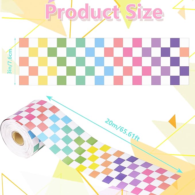 66 ft Colorful Checkered Bulletin Board Border Checkered die-Cut Border Trim Paper Cutouts roll for School Chalkboard Bulletin Board Window Wall Home Offices Party Funny Decor