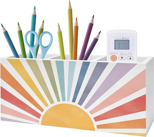 Boho Colorful Sunshine Pen Pencil Holder, Boho Desk Office Decor, Retro Rainbow Sun Sunrise Sunset Pencil Pen Holder Organizer for Home Office Desk Accessories