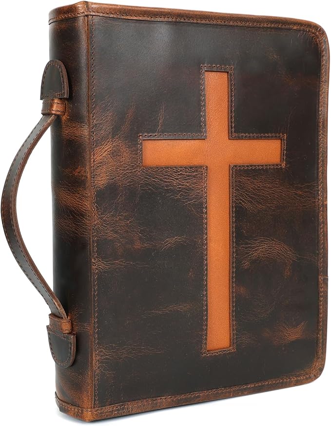 ELIZO Leather Bible Cover Case for Men Women Genuine Leather Bible Bag Holder Cross Large Carrying with Zipper Case Protector Christian Religious Gifts for Mens Timber Study
