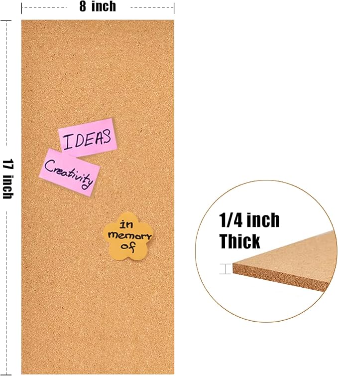 17x8 Cork Tiles, 1/4" Thick Self-Adhesive Vision Board for Home, Office, School (6mm, 4pc)