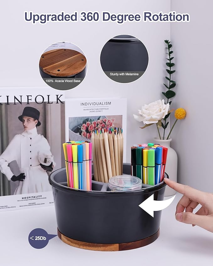 Pen Organizer For Crayon Marker Color Pencil, Lazy Susan Art Supply Storage Organizer, Pen Holder For Desk School Office Home White