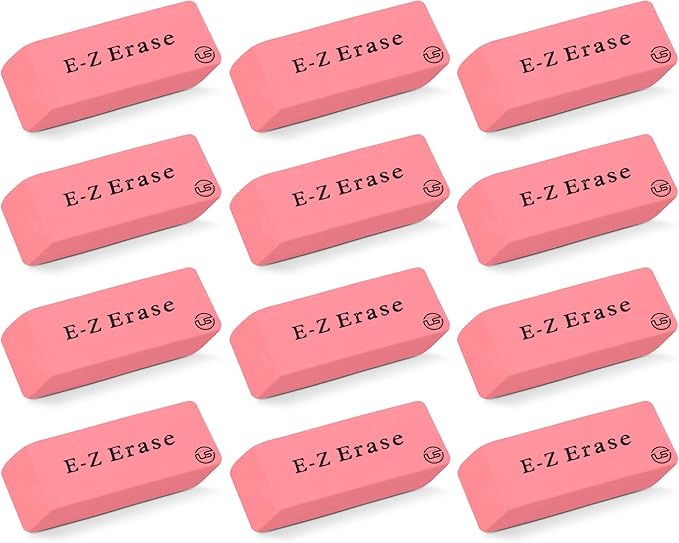 Pink Erasers, 12 Count Rectangular Eraser Bulk Pack, Latex Free Pink Pearl Erasers for School Supplies, Art and Office