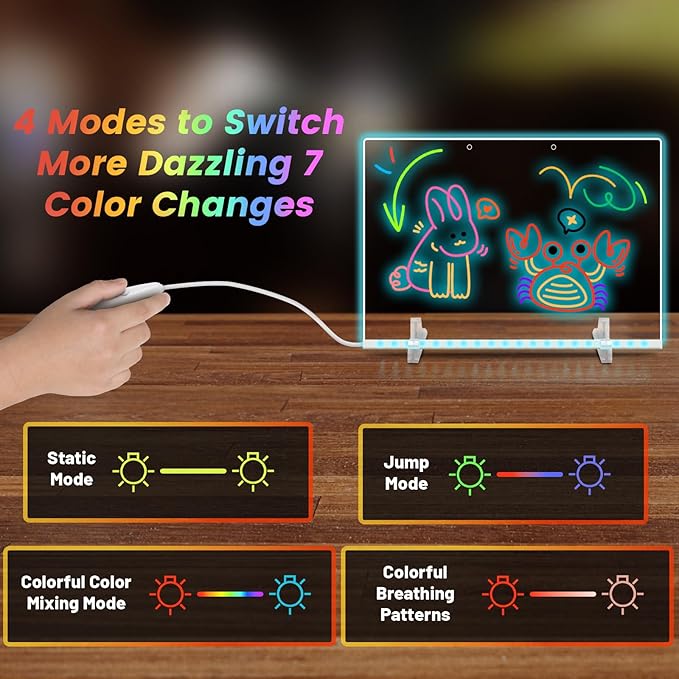 19 Highlighter,Led Note Board with Colors,13.8"X10",4 Modes & 7 Colors Lumiboard Led Drawing Board for Kids,Light Up Sign,Acrylic Dry Erase Board with Stand,Include Adapter,Hanging Chain,Spray Bottle