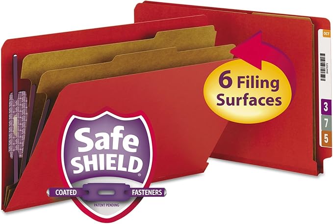 Smead End Tab Classification Folder, Legal, Straight, 2 Dividers, Bright Red, 10 per Box (29783)