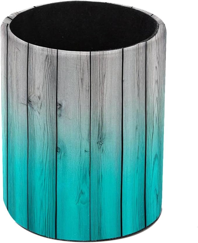 Pen Pencil Holder for Desk, Teal Rustic Wood Panels Makeup Brush Holders Leather Pen Organizer Pencil Caddy for Office Home Art Supply