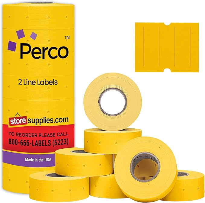 Perco 2 Line Yellow Labels - 8 Rolls, 1 Sleeve, 6,000 Blank Price and Date Gun Labels for Perco 2 Line Price and Date Guns - Made in USA