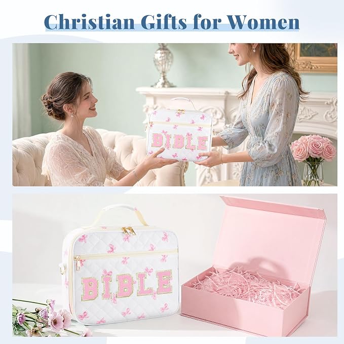 Personalized Initial Bible Cover Case for Women, Large Quilted Bible Bag with Durable Handle, Stylish Church Bag Journaling Kit with Study Supplies Accessories, Christians Gifts for Women (Pink)