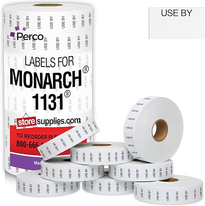 Perco Black Print on White USE BY Labels for Monarch 1131 Price Gun - 8 Rolls, 20,000 Marking Labels
