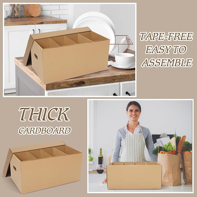 Fuyoooo 4 Pack Large Dish Packing Boxes for Moving with Divider 24 x 12 x 11 Inch Kitchen Moving Boxes with Reinforced Handle Lid Packing Supplies for Dishes and Glassware(Brown)