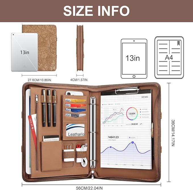 Leathario Portfolio Binder, Includes 5 Folder Index Dividers, 13 Inch Tablets Organizer with Handle, Vegan Leather A4 Padfolio, Multi-Pocket Notepad Business Planner Professional Document