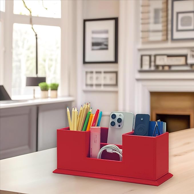UnionBasic Desk Organizer, Desktop Caddy Leather Multi-compartment Pen Holder Office Stationer Organizer, Red
