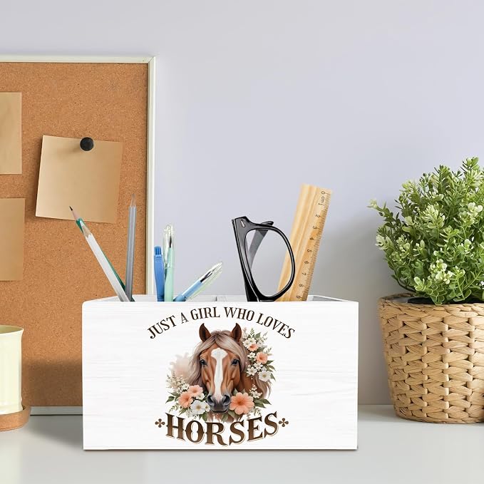 Rustic Floral Horse Pen Holder for Desk, Gifts for Horse Lovers Pencil Organizer, Just a Girl Who Loves Horses Wooden Box Sign Desk Decor for Home Office Decoration