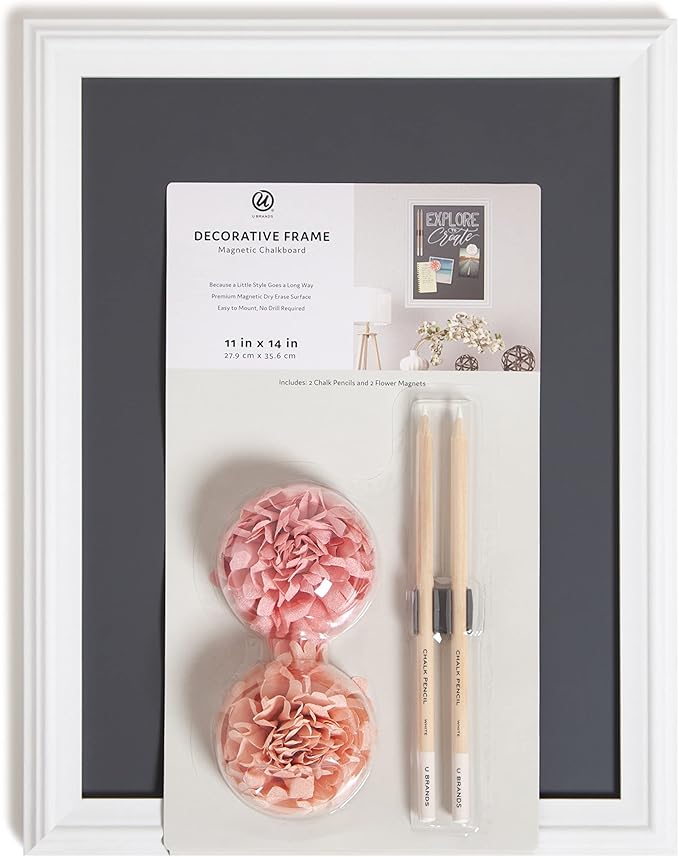 U Brands Magnetic Chalkboard with Decorative Frame, Office Supplies, Includes Magnets and Chalk Pencils, 11” x 14”