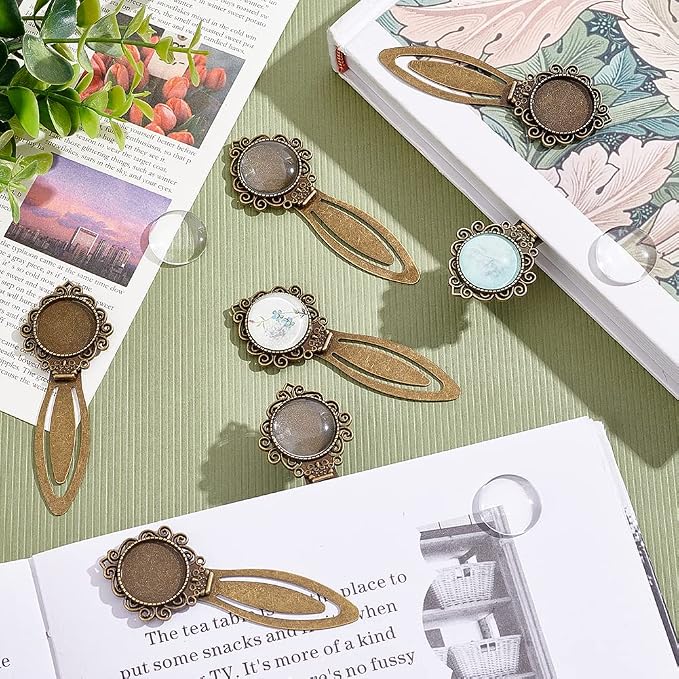 NBEADS 24 Pcs Antique Bronze Bookmark Pendant Tray Kit, Including 12 Pcs Tibetan Style Bookmark Cabochon Settings 12 Pcs Dome Transparent Glass Cabochons for Reading Gift Crafting DIY Bookmark