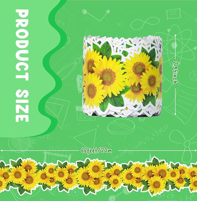 66ft Sunflower Bulletin Board Borders Springtime Sunflower Summer Fall Theme Flowers Rolled Floral Border Trim for School Classroom Blackboard Office Chalkboard Spring Floral Groovy Party Wall Decor