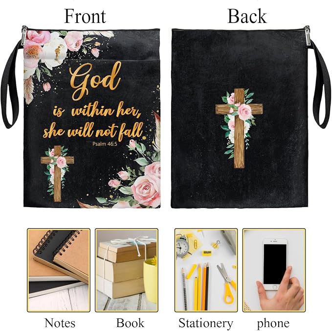 Christian Bible Verse Book Cover, Waterproof Book Sleeve with Zippered Front Pocket Retro Flowers Book Pouch for Book Lovers, Christmas, Birthday, Graduation Gifts (Black-GOD, Large)