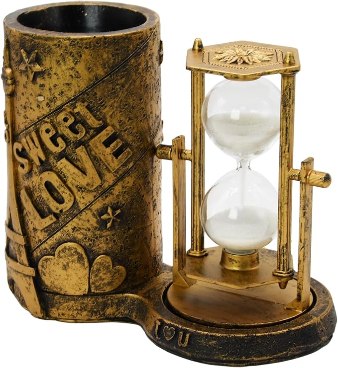 Owlgift Love-Themed Pencil Holder with Hourglass, Resin Desktop Organizer for Office & Study, Pen Holder with Sand Timer, Classic Love Addition Scissors Storage, Artistic Accessory Gift for Lovers