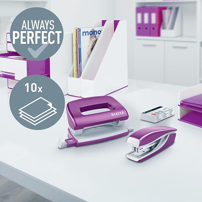 Leitz 55612062 Mini Stapler and Hole Punch Set, Staple or Punch Up to 10 Sheets, includes P2 N°10 Staples, WOW Range, Purple