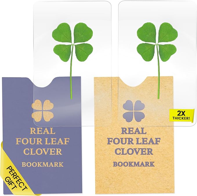Real Four Leaf Clover Good Luck Charm - Bookmark Gift for Book Lovers - 4 Leaf Clover Symbolizing Hope, Faith, Love & Luck - Lamination for Long Lasting Luck - 3.37" x 2.13" (2 Pack)