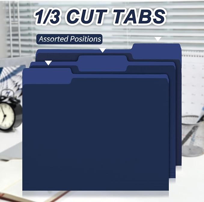 VZCPYTPM 150 Pack Navy Blue File Folders,Letter Size (8.5x11 in),1/3-Cut Tabs in Assorted Positions,Cardstock Paper Folders for Office,School & Home Filing Cabinet Organization, Bulk Document Folders