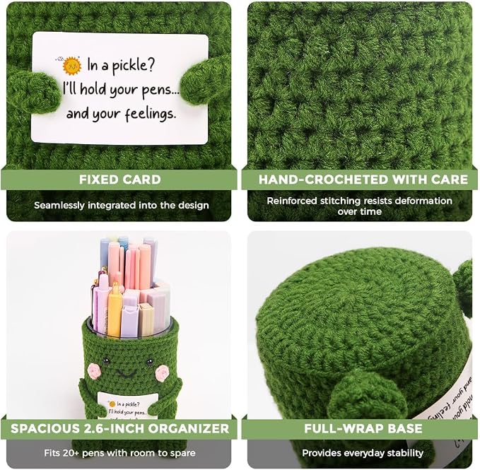 SKYDUE Crocheted Pen & Pencil Holder with Inspirational Card - Handmade Desk Organizer for Office, School, Home - Functional Desk Decor Pen Cup