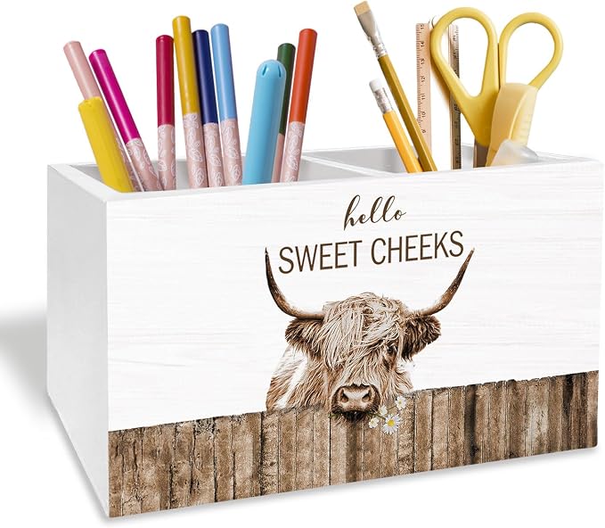 Farmhouse Highland Cow Pen Pencil Holder for Desk, Highland Cow Gifts for Women, Hello Sweet Cheeks Heifer Wooden Makeup Brush Toothbrush Holder Organizer for Vanity Bathroom