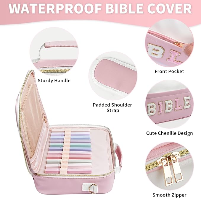 KOPKOFT Bible Cover Case for Women, Large Chenille Letter Leather Bible Case with Bible Study Accessories, Bible Study Supplies Bible Journaling Kit, Christmas Christian Gift for Women Girls (Pink)