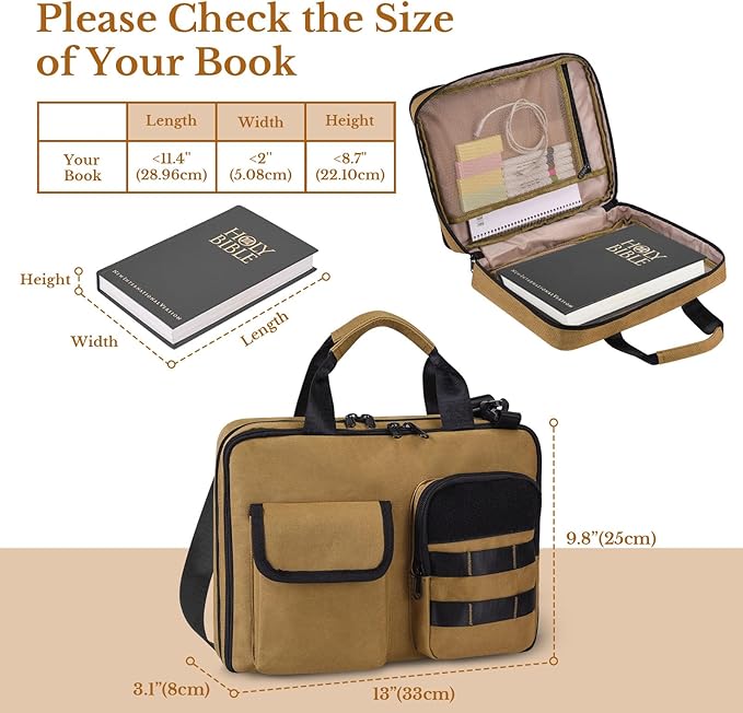 ZHIERNA Tactical Bible Cover for Men, Double Layer Large Bible Case Church Bag with Multiple Pockets, Bible Carrying Case for Women with Top Handle and Shoulder Strap