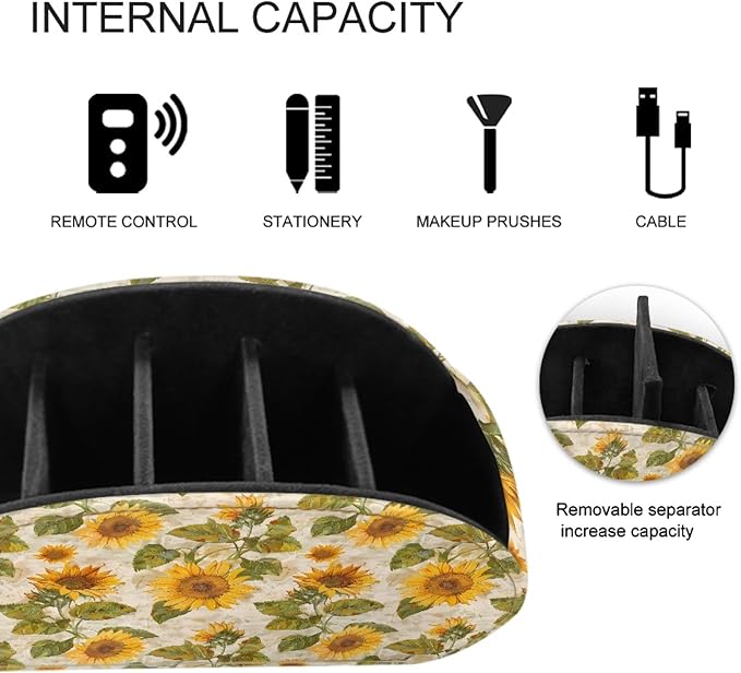 FUSURIRE Remote Control Holder with 5 Compartments, Vintage Sunflower Print Desktop Caddy Storage Supply Organizers for Remote Controllers,Office Supplies,Makeup Brush,Media Accessories