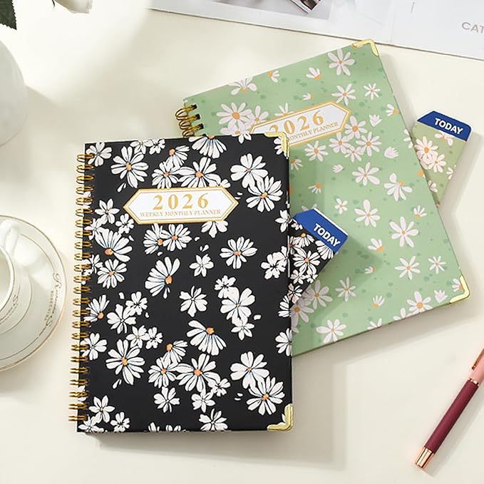 2026 Monthly Planner, Jan.2026 - Dec.2026 Weekly Monthly Planner 6.25"x8.5" with Page Tabs, Calendar Hardcover with Inner Pocket, Elastic Band, Twin-Wire Binding, Bookmark, Green Daisy