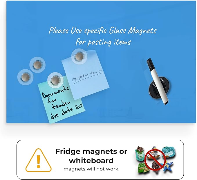 Magnetic Glass Dry Erase Board, Frameless Glass Blue Board, 24" x 36", with Magnets, Markers, Aluminum Marker Tray, Magnetic Eraser for Office, Home & School by Fab Glass & Mirror
