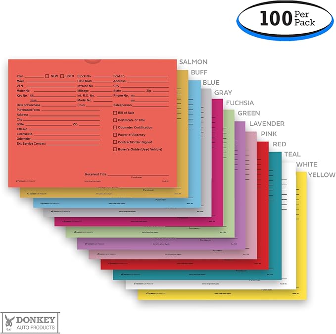 Printed Vehicle Deal Envelopes 9x12 Deal Jackets (100 shrink wrapped) (Salmon)