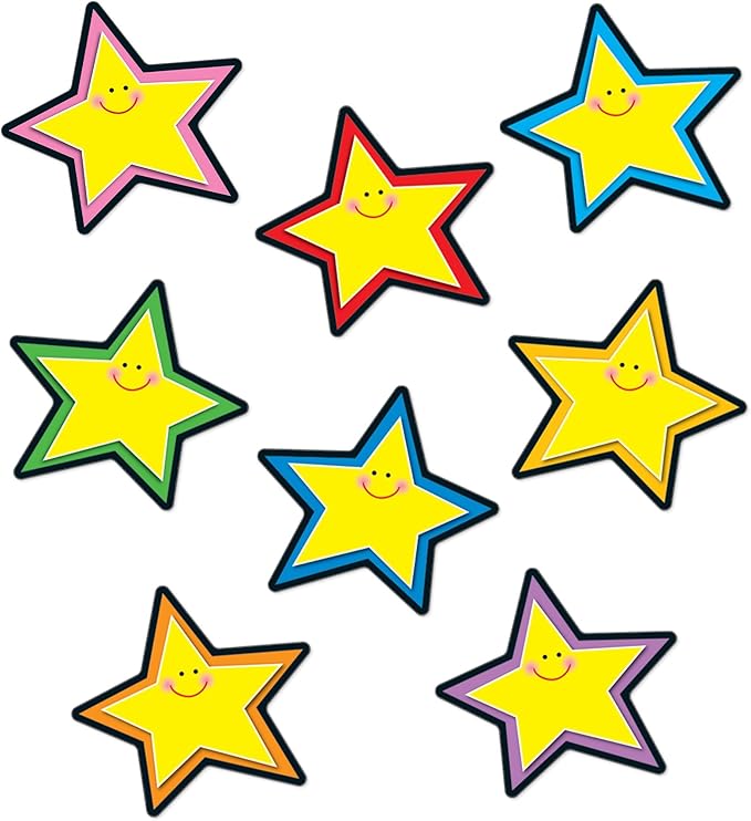 Carson Dellosa 36-Piece Yellow Stars Bulletin Board Cutouts, Yellow Stars with Smiley Faces Cutouts for Bulletin Board, Star Classroom Cutouts, Elementary Classroom Décor