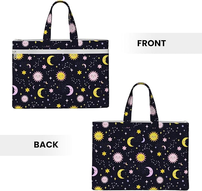 Lightweight Canvas Zippered File Bag Space Galaxy Constellation Sun Moon Stars Pattern, Waterproof Document Pouch with Handle for Office Business Travel