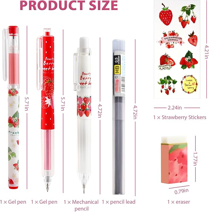 Cute Strawberry Pens Set Include Kawaii 0.5mm Strawberry Mechanical Pencil,Mechanical Pencil Lead Refills,Erasers,Gel Pens,Stickers,Strawberry Stationery Set for Office School Supplies