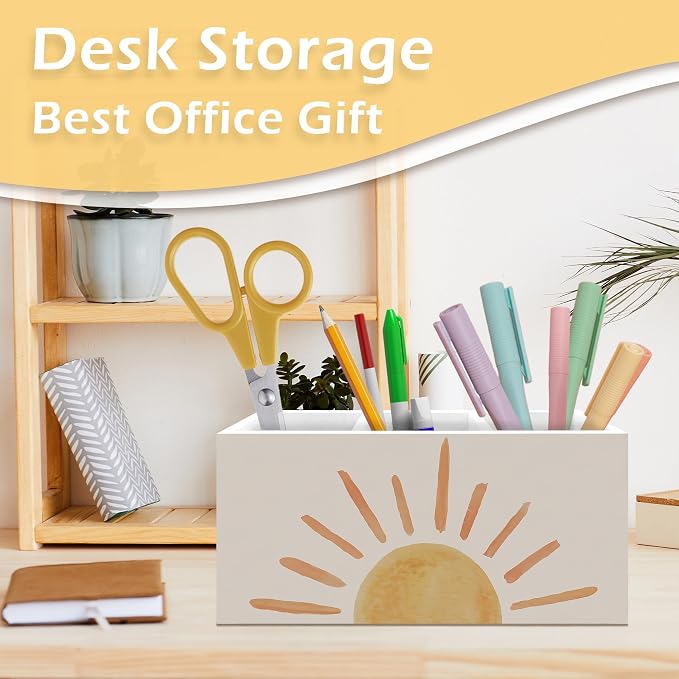 Boho Sun Pen Pencil Holder, Boho Desk Accessories, Mid Century Modern Minimalist Abstract Sun Sunset Wooden Pen Pencil Organizer for Home Office Desk Decor