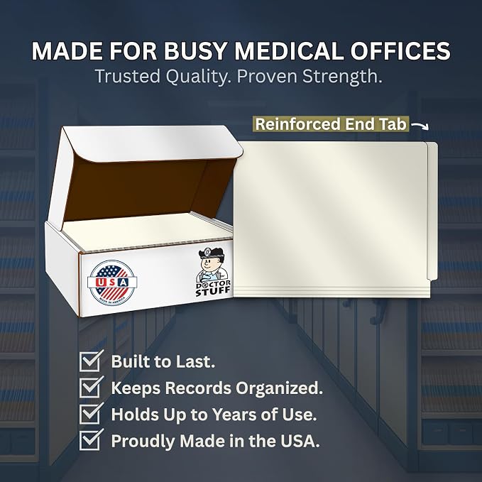 White File Folders, Doctor Stuff, Letter Size Reinforced End Tab Folder, 14 pt Stock, Box of 50