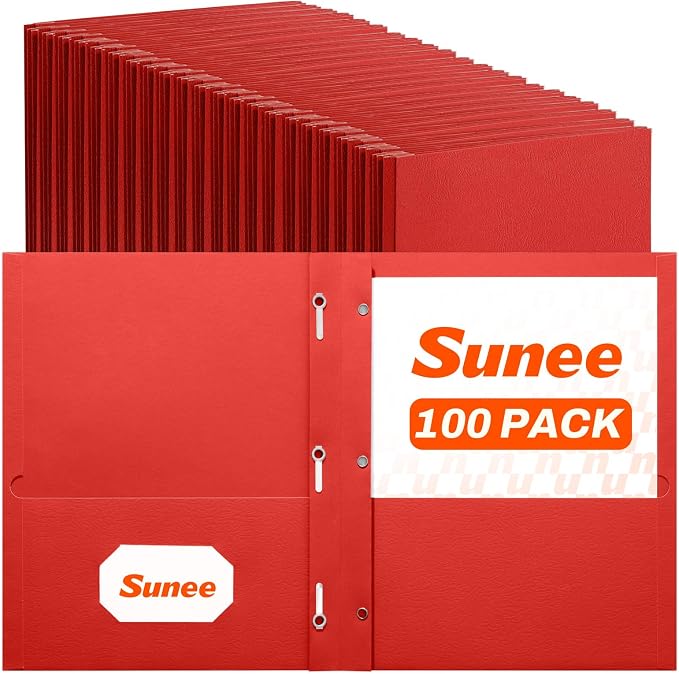SUNEE 2 Pocket Folders with Prongs (100 Pack, Red), Paper Folders with 2 Pockets and 3 Prongs Fit Letter Size Paper, Folders with Prongs for School Office Home Business