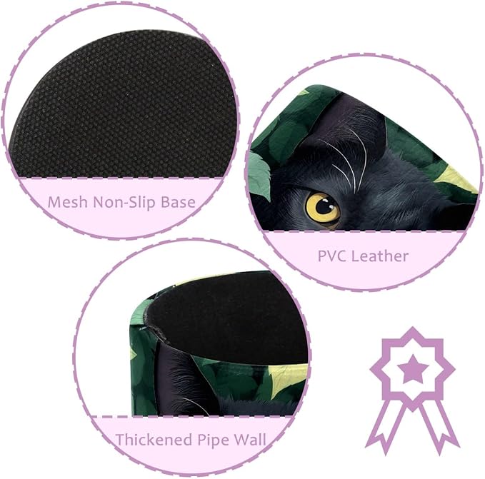 Leather Pen Holder for Desk, Green Leaves Black Cat Makeup Brushes Holder Pencil Cup Multifunctional Desktop Organizer Caddy for Home School Office Desk Accessories