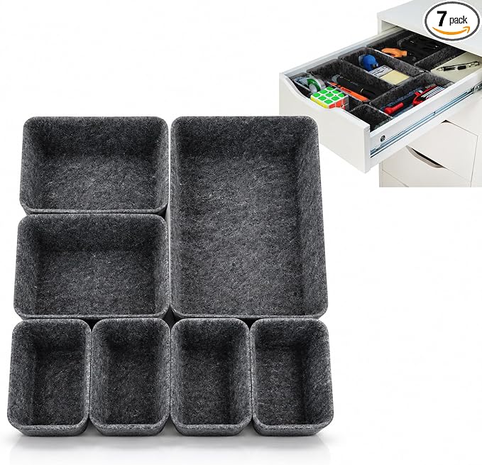 7 Pack Drawer Organizer Compatible with Ikea Alex Drawer Unit, Felt Desk and Makeup Drawer Organizers, Soft Storage Bins for Office, Vanity, Bedroom, and Dresser Shallow Drawers