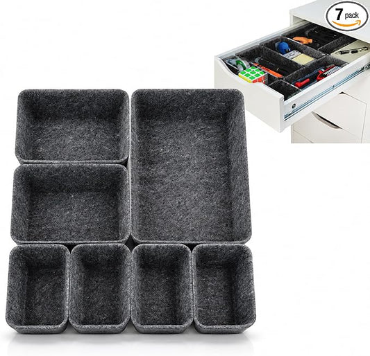 7 Pack Drawer Organizer Compatible with Ikea Alex Drawer Unit, Felt Desk and Makeup Drawer Organizers, Soft Storage Bins for Office, Vanity, Bedroom, and Dresser Shallow Drawers