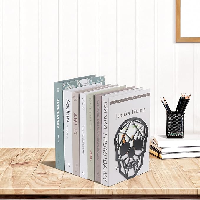 2 Pairs Black Skull Design Bookend Metal Book Ends, Heavy Duty Bookends for Shelves Desk, Skull Book Shelf Holder for Heavy Books, Decorative Desktop Organizer Home Office