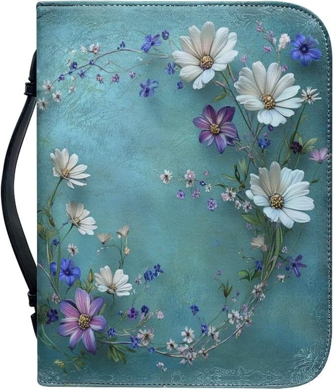 Leather Green Bible Covers for Women Ladies,Purple Blue and White Daisy Bible Bag with Handle for Large Size Study Bible Case for Girls,Large
