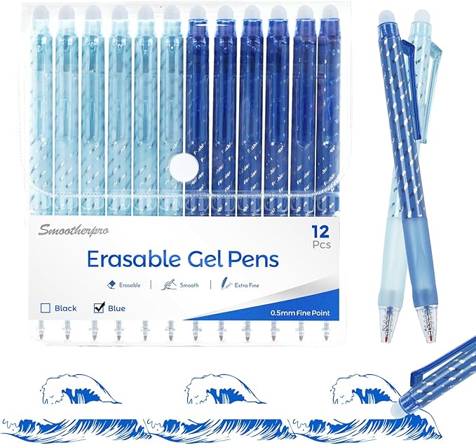 SMOOTHERPRO Erasable Pens Blue | 12 Pcs Rub Out Biros | 0.5 mm Fine Point Friction Pen with Rubbers on the End | for Writing Colouring Adult Office Supplies (ERP012BU)