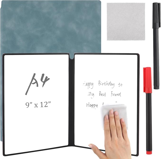 A4 Portable Whiteboard Notebook,12" x 9" Double Sided Dry Erase Board with Two Pens,Folding Reusable Writing Pad for Office Meetings,School,Planning,Travel,PU Cover(Light Cyan)